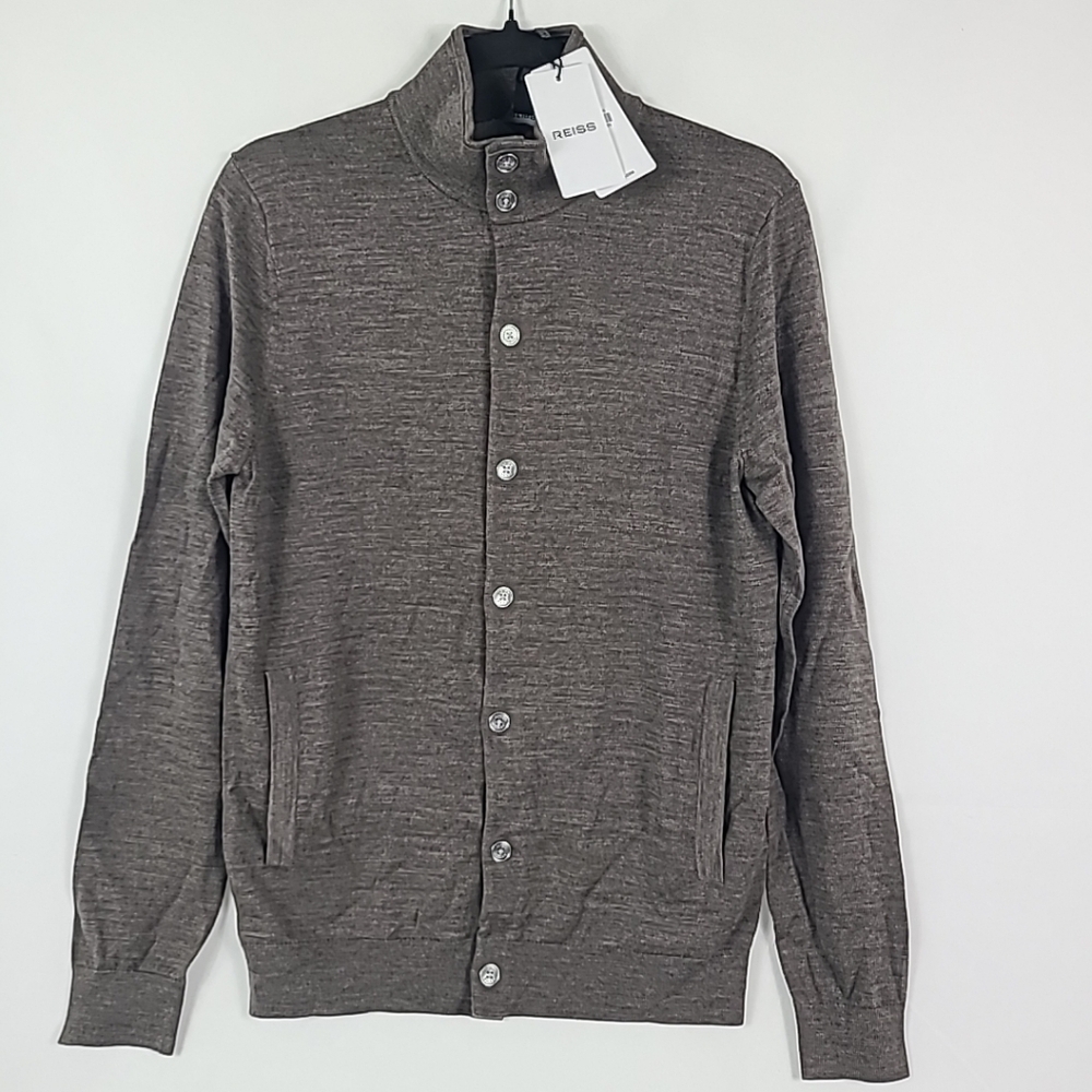 Reiss Men's Wool Long Sleeve Button Through Brown Cardigan Sweater Sz S $190